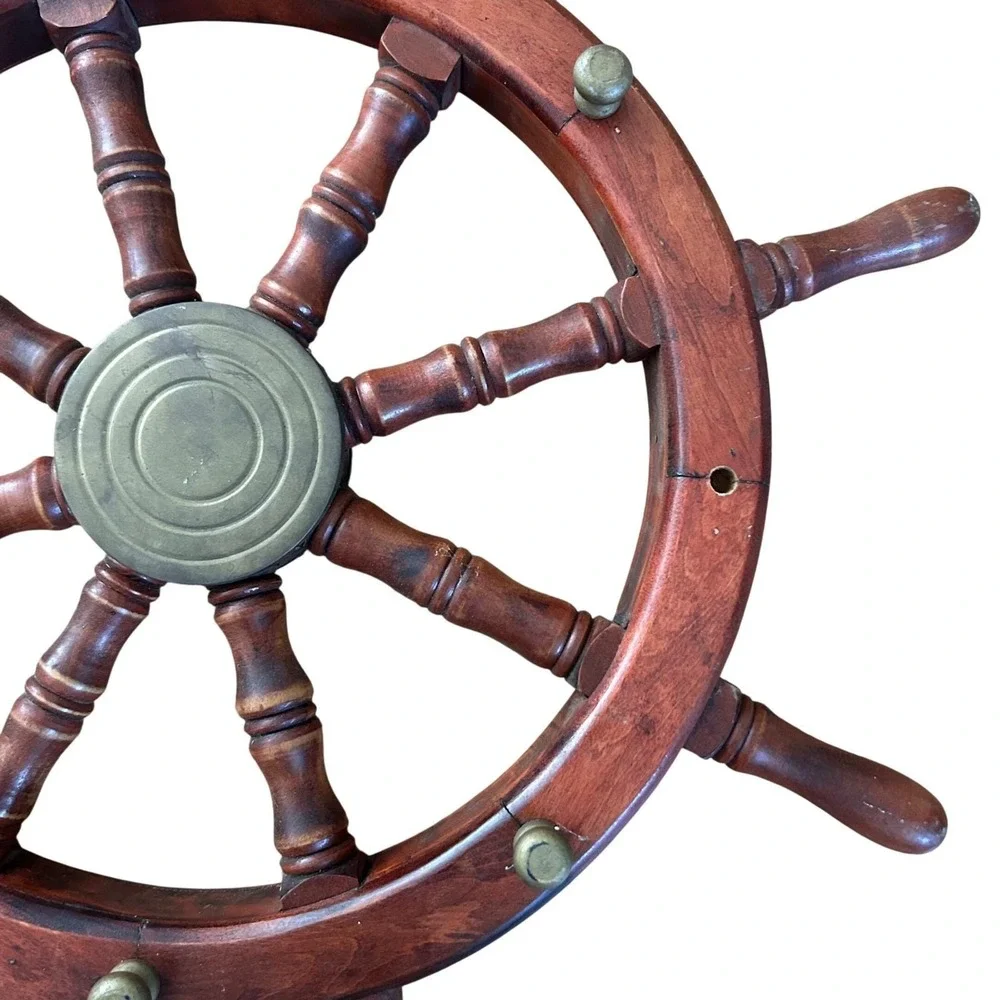 Vintage Wooden Ship Wheel 18 Inch Nautical Wall Decor Brass Hub Maritime Helm